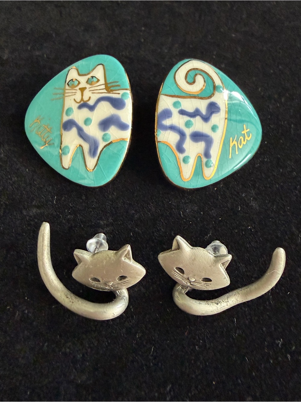 Cat Motif Turquoise Enamel and Silver-Tone Earring Set